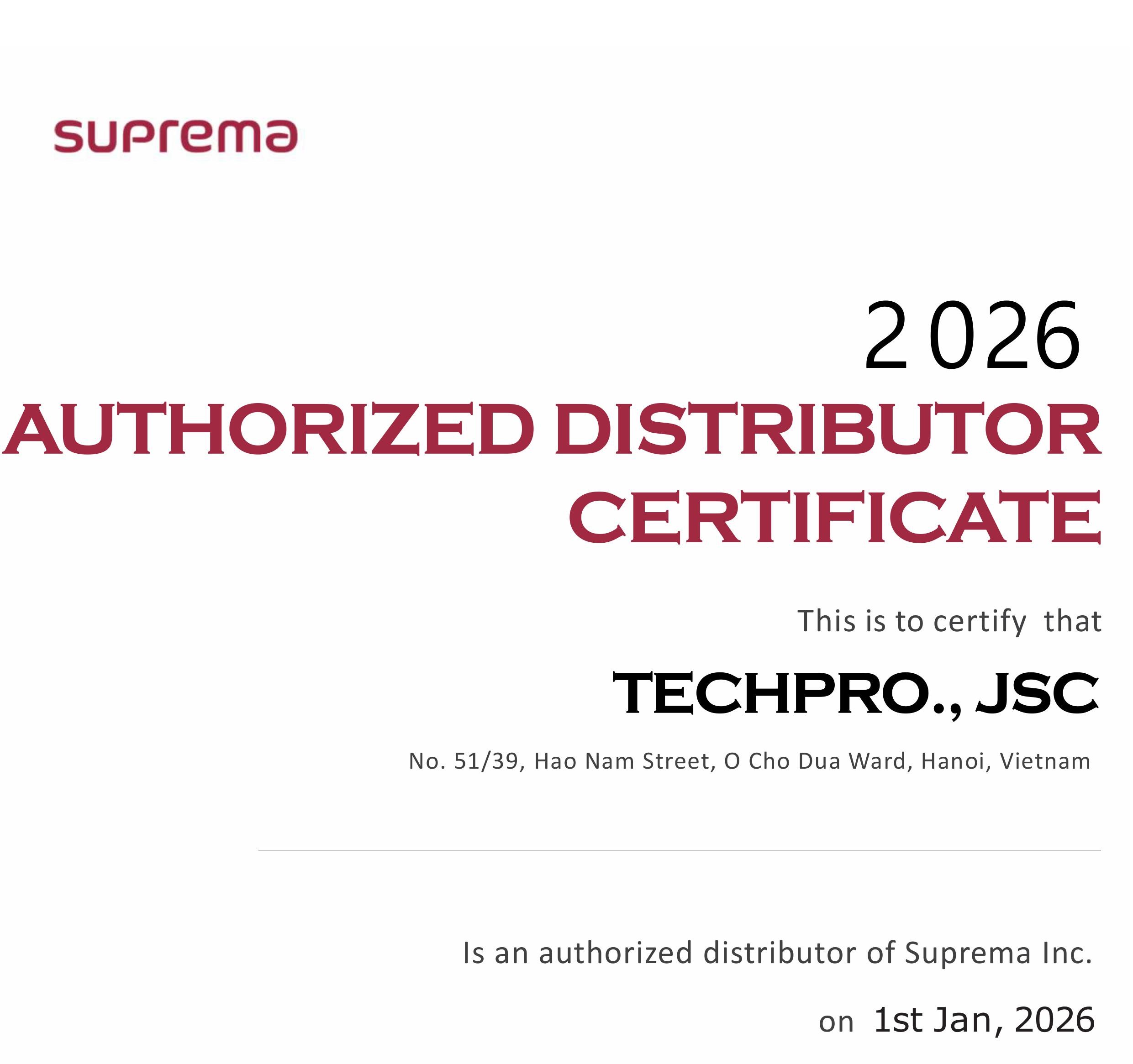 TECHPRO chính thức nhận chứng chỉ “Authorized Distributor Certificate 2026” từ đối tác Suprema - tiếp nối hợp tác chiến lược