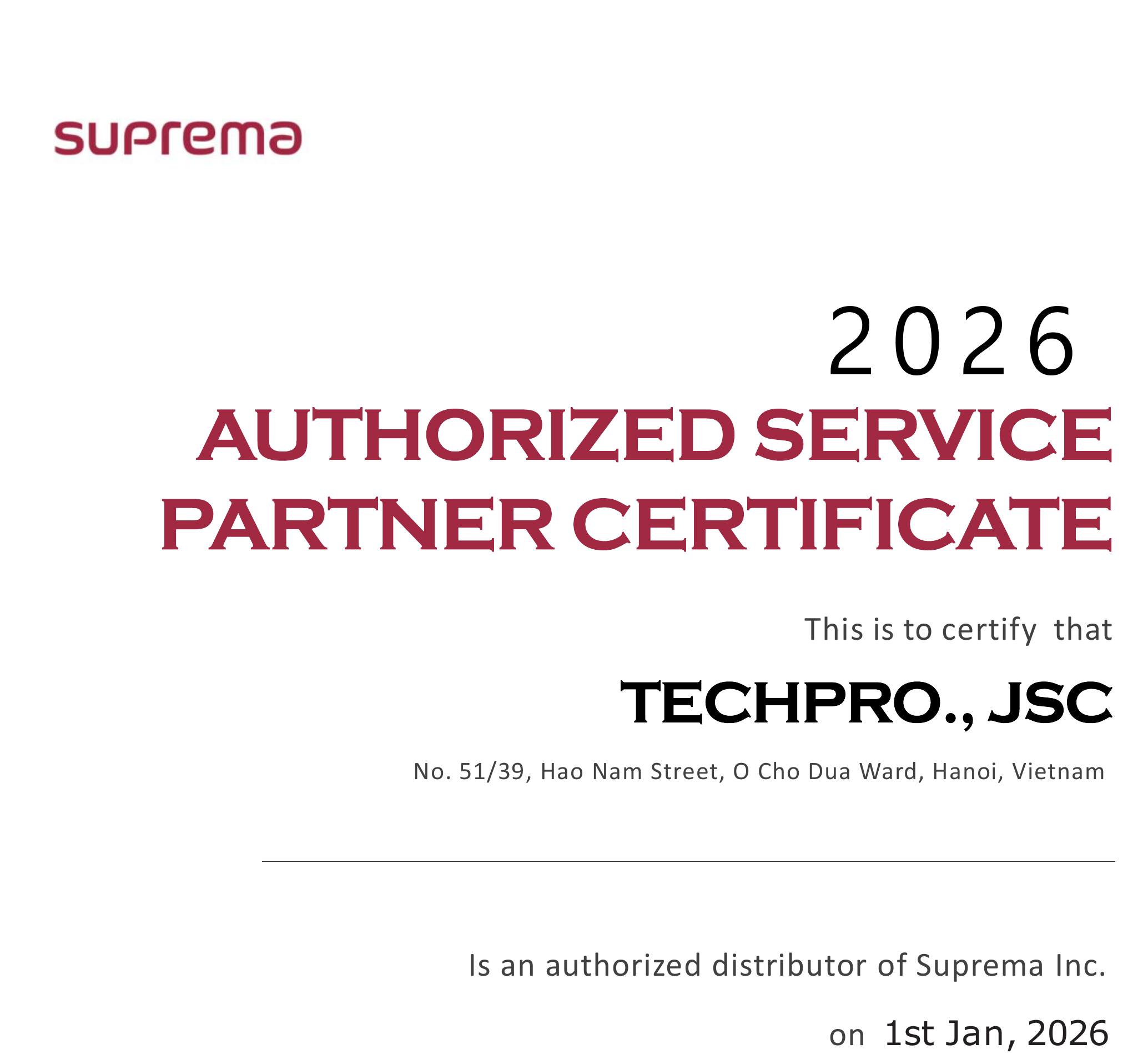 TECHPRO ĐẠT CHỨNG CHỈ AUTHORIZED SERVICE PARTNER 2026 TỪ ĐỐI TÁC CHIẾN LƯỢC SUPREMA